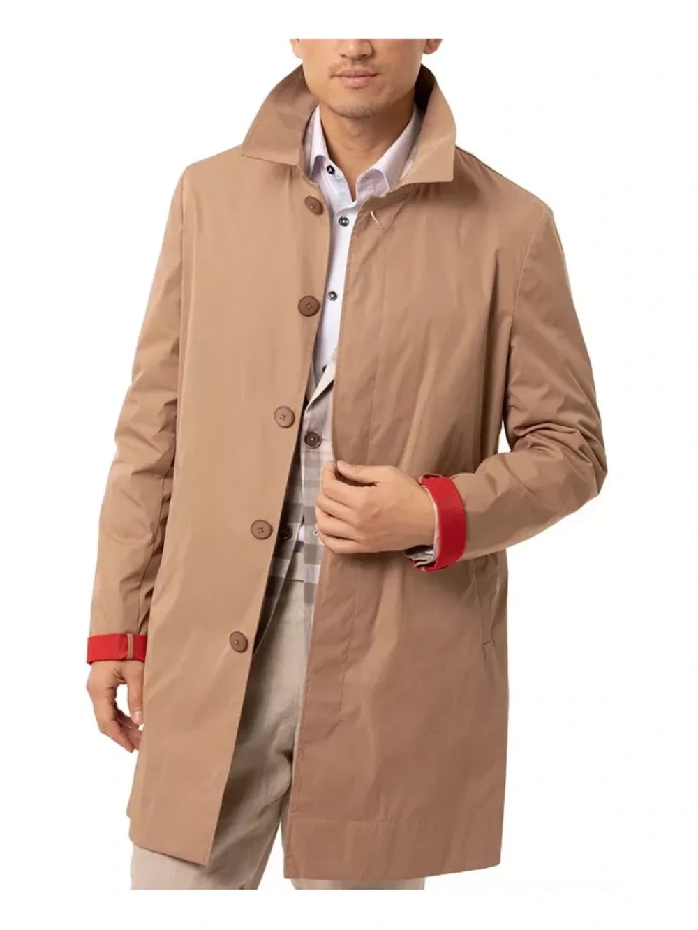 Men's Tallia Classic Tan Trench Coat with Red Cuff Detail